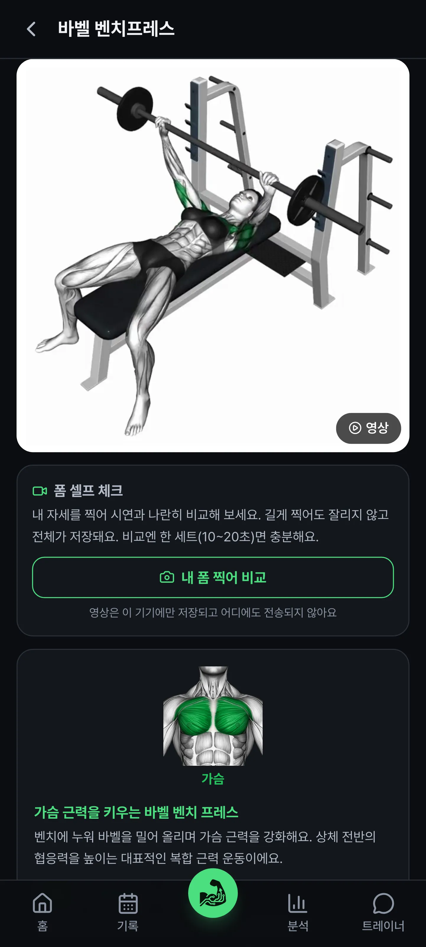운동 상세 화면. 자세 시연과 사용 근육을 초록으로 표시한 근육 도해, 폼 셀프 체크 카드